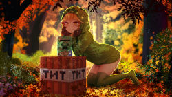 Rule 34 | 1girl, black gloves, blush, borrowed character, closed mouth, commentary, creeparka, creeper, cupa (at2.), day, destinyplayer1, english commentary, gloves, green hoodie, green thighhighs, highres, hood, hoodie, long sleeves, looking at viewer, minecraft, orange eyes, orange hair, outdoors, personification, smile, solo, thighhighs
