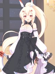 Rule 34 | 1girl, :d, ayanami (azur lane), ayanami (nightfall raiment) (azur lane), azur lane, bare shoulders, black bow, black dress, blonde hair, blush, bow, breasts, cleavage, commentary request, detached sleeves, dress, hair between eyes, hair ornament, hairclip, headgear, high ponytail, highres, holding, holding sword, holding weapon, indoors, long hair, long sleeves, looking at viewer, medium breasts, off-shoulder dress, off shoulder, open mouth, ponytail, puffy long sleeves, puffy sleeves, red eyes, sakurato ototo shizuku, sidelocks, sleeveless, sleeveless dress, sleeves past wrists, smile, solo, standing, sword, very long hair, weapon, white sleeves, window