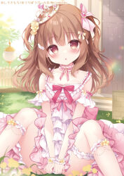 Rule 34 | 1girl, :o, bow, brown eyes, brown hair, dress, flower, hair bow, hair flower, hair ornament, looking at viewer, melonbooks, open mouth, original, pink bow, pink dress, shirosei mochi, solo, tagme, tiara, two side up, variant set, wing hair ornament, yellow bow, yellow flower