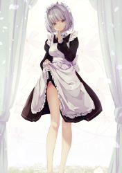 Rule 34 | 1girl, absurdres, apron, clothes lift, curtains, highres, index finger raised, legs, lifted by self, long sleeves, looking at viewer, maid, maid apron, maid headdress, original, red eyes, short hair, silver hair, skirt, skirt lift, solo, standing, suwakana, white apron