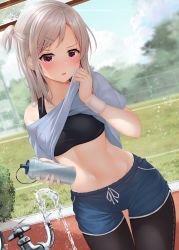 Rule 34 | 1girl, black pantyhose, blue shorts, blush, bottle, clothes lift, collarbone, cowboy shot, dutch angle, faucet, grass, groin, gym shorts, hair ornament, hairclip, highres, holding, holding bottle, light brown hair, long hair, midriff, minato ojitan, navel, off shoulder, open mouth, original, pantyhose, pink eyes, shirt lift, short sleeves, shorts, side ponytail, sidelocks, solo, sports bra, sweat, thigh gap, thighs, water, water bottle, wristband