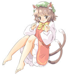 Rule 34 | 1girl, :3, animal ear fluff, animal ear piercing, arnest, bare legs, barefoot, bow, bowtie, bright pupils, brown eyes, brown hair, cat tail, chen, closed mouth, commentary request, dot nose, earrings, flat chest, hands up, hat, highres, jewelry, knees together feet apart, knees up, light blush, long sleeves, looking at viewer, mob cap, multiple tails, nekomata, petticoat, puffy long sleeves, puffy sleeves, red skirt, red vest, simple background, single earring, skirt, skirt set, solo, tail, toes, touhou, two tails, v-shaped eyebrows, vest, white background, white pupils, yellow bow, yellow bowtie
