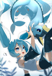Rule 34 | 1girl, 1other, :d, absurdres, aqua eyes, aqua nails, black skirt, black sleeves, black thighhighs, blue eyes, bubble, commentary, cowboy shot, creatures (company), crossover, detached sleeves, fang, fern, fins, game freak, gen 1 pokemon, grey shirt, hand up, hatsune miku, highres, long hair, midriff peek, nail polish, necktie, nintendo, one eye closed, open mouth, pleated skirt, pokemon, pokemon (creature), reirou (chokoonnpu), shirt, skin fang, skirt, sleeveless, sleeveless shirt, smile, symbol-only commentary, thighhighs, twintails, underwater, vaporeon, very long hair, vocaloid