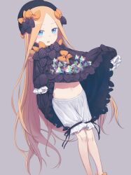 Rule 34 | 1girl, abigail williams (fate), absurdres, black bow, black dress, black headwear, blonde hair, bloomers, blue eyes, bow, crossed bandaids, daisi gi, dress, fate/grand order, fate (series), forehead, grey background, hair bow, highres, long hair, looking at viewer, multiple hair bows, navel, open mouth, orange bow, parted bangs, polka dot, polka dot bow, saint quartz (fate), sleeves past fingers, sleeves past wrists, standing, underwear, very long hair, white bloomers