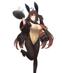Rule 34 | 1girl, absurdres, animal ears, black footwear, black gloves, black jacket, black pantyhose, breasts, cleavage, closed mouth, cup, drinking glass, fake animal ears, from below, full body, girls&#039; frontline, glass, gloves, hand on own hip, highres, holding, holding tray, jacket, leotard, looking at viewer, m14 (girls&#039; frontline), medium breasts, open clothes, open jacket, pantyhose, playboy bunny, rabbit ears, smile, solo, standing, standing on one leg, tray, white background, wine glass, yanagui, yellow corset