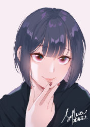 Rule 34 | 1girl, absurdres, artist name, black hair, blunt bangs, closed mouth, hand on own chin, highres, nail polish, original, pink background, portrait, red eyes, red nails, short hair, signature, smile, solo, sylvia (huajiuhuajiu)