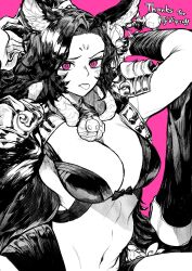 Rule 34 | 1girl, adjusting hair, animal ears, armor, arms up, black bra, bra, breasts, cape, commission, greyscale, greyscale with colored background, highres, large breasts, long hair, looking at viewer, monochrome, navel, original, pauldrons, pink background, pink eyes, short shorts, shorts, shoulder armor, skeb commission, solo, spot color, stomach, thighs, tongue, tongue out, underwear, yotsumi shiro