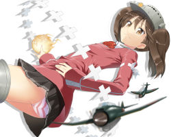 Rule 34 | 10s, 1girl, aircraft, airplane, black skirt, brown eyes, brown hair, cowboy shot, hand on own hip, highres, japanese clothes, kantai collection, kariginu, looking at viewer, magatama, onmyouji, panties, pantyshot, pleated skirt, ryuujou (kancolle), shikigami, sideways, simple background, skirt, smile, solo, standing, striped clothes, striped panties, takahan, twintails, underwear, visor cap, white background