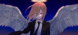 Rule 34 | 1boy, absurdres, angel devil (chainsaw man), angel wings, black jacket, black necktie, chainsaw man, feathered wings, formal, hair between eyes, halo, highres, jacket, looking at viewer, mossan351, necktie, open mouth, shirt, simple background, solo, suit, white shirt, white wings, wings