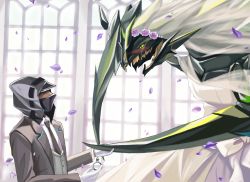 Rule 34 | 1other, absurdres, ambiguous gender, arknights, black jacket, black necktie, blush, bridal veil, brz, commentary, doctor (arknights), dress, english commentary, formal, highres, hood, hood up, hooded jacket, jacket, jewelry, mon3tr (arknights), necktie, ornate ring, ring, suit, veil, wedding, wedding dress, wedding ring, white dress
