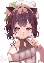 Rule 34 | 1girl, :o, alternate breast size, animal ears, beret, blush, brown hair, cat ears, collarbone, earrings, flat chest, grey sweater, halterneck, hat, highres, jewelry, kemonomimi mode, miori celesta, miori celesta (2nd costume), off-shoulder sweater, off shoulder, official alternate costume, open mouth, pink eyes, pom pom (clothes), portrait, short hair, solo, sweater, tsunderia, usa (yameusa), virtual youtuber, white background, white hat