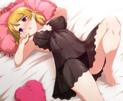 Rule 34 | 1girl, bare arms, bare legs, bare shoulders, bed, blonde hair, blush, breasts, commission, covered erect nipples, frilled pillow, frills, heart, heart-shaped pillow, koizumi hanayo, large breasts, lingerie, looking at viewer, love live!, love live! school idol project, lying, navel, nightgown, nipples, on back, open mouth, panties, pillow, purple eyes, see-through, short hair, skeb commission, solo, string panties, underwear, underwear only, yoshi tama