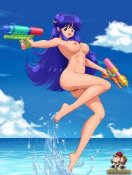 Rule 34 | 1girl, blue hair, breasts, cloud, drawn that way, feet, highres, long hair, navel, nipples, nude, open mouth, outdoors, purple eyes, pussy, ranma 1/2, shampoo (ranma 1/2), solo, toes, toy, water gun, wet
