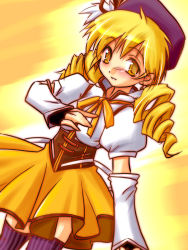 Rule 34 | 10s, 1girl, asaruto hyou, beret, blonde hair, blush, bow, corset, dress, drill hair, fingerless gloves, gloves, hat, long hair, magical girl, mahou shoujo madoka magica, mahou shoujo madoka magica (anime), puffy sleeves, ribbon, smile, solo, striped clothes, striped thighhighs, thighhighs, tomoe mami, twintails, vertical-striped clothes, vertical-striped thighhighs, yellow bow, yellow eyes