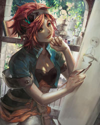 Rule 34 | 1girl, artist name, braid, breasts, canvas (object), claparo, cleavage, drawing, dutch angle, green eyes, highres, looking up, orange hair, original, paintbrush, plant, pointy ears, realistic, shirt, short hair, solo, watermark, window