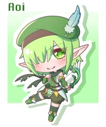 Rule 34 | 1girl, absurdres, aoi (princess connect!), beret, black thighhighs, blue feathers, blush, boots, bow (weapon), brown shorts, character name, chibi, closed mouth, commentary request, detached sleeves, elf, feathers, fold-over boots, full body, green background, green eyes, green footwear, green hair, green hat, green sleeves, hair over eyes, hat, hat feather, highres, holding, holding bow (weapon), holding weapon, long sleeves, looking at viewer, outline, pointy ears, princess connect!, puffy long sleeves, puffy shorts, puffy sleeves, saishosaisekojo, shorts, smile, solo, thighhighs, thighhighs under boots, weapon, white outline