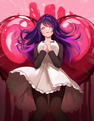 Rule 34 | 1girl, absurdres, black pantyhose, commentary, dress, feet out of frame, floating hair, frilled dress, frills, grey sweater, hair between eyes, heart, highres, hoshino ai (oshi no ko), knees together feet apart, long hair, long sleeves, looking at viewer, open mouth, oshi no ko, own hands clasped, own hands together, pantyhose, parted bangs, pinafore dress, purple eyes, purple hair, ribbed sweater, sidelocks, sleeveless, sleeveless dress, solo, star-shaped pupils, star (symbol), sweater, symbol-shaped pupils, takanasimutumi, white dress