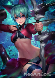 Rule 34 | 1girl, animal ears, aqua hair, archer (fate), archer (fate) (cosplay), arrow (projectile), artist name, blue eyes, bow (weapon), cosplay, cowboy shot, fate (series), hair between eyes, hair ornament, hairclip, holding, holding bow (weapon), holding weapon, long sleeves, medium hair, midriff, navel, neoartcore, sinon, smile, solo, sword art online, weapon