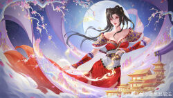 Rule 34 | 1girl, absurdres, artist request, branch, brown hair, building, chi lian (qin shi ming yue), dress, energy, fingerless gloves, gloves, highres, holding, holding brush, moon, mountain, multi-tied hair, night, off-shoulder dress, off shoulder, parted lips, qinshi mingyue, second-party source, single fingerless glove, smoke, solo, splashing, upper body, water
