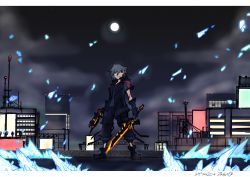Rule 34 | 1boy, boots, bow (weapon), building, city, crossbow, crystal, dual wielding, fingerless gloves, gloves, glowing, glowing sword, glowing weapon, heterochromia, highres, holding, jacket, kingdom hearts, kingdom hearts iii, looking at viewer, male focus, moon, night, night sky, rooftop, serious, silver hair, sky, solo, standing, sword, weapon, yozora (kingdom hearts), zafa-02