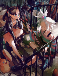 Rule 34 | 2girls, :d, ankle boots, asymmetrical bangs, bass guitar, black footwear, black hair, black jacket, blue eyes, boots, choker, closed eyes, closed mouth, collarbone, commentary request, creatures (company), dress, eyelashes, fence, game freak, gen 5 pokemon, gen 8 pokemon, gym leader, hair bobbles, hair ornament, hair ribbon, hand up, highres, holding, holding instrument, instrument, jacket, looking at another, marnie (pokemon), morpeko, morpeko (full), multiple girls, music, nintendo, open clothes, open jacket, open mouth, orange mikan, pink dress, platform boots, platform footwear, playing instrument, pokemon, pokemon (creature), pokemon bw2, pokemon swsh, red ribbon, ribbon, roxie (pokemon), sitting, smile, spiked hair, stairs, striped clothes, striped dress, tambourine, teeth, tongue, topknot, trubbish, two-tone dress, white hair