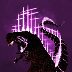 Rule 34 | absurdres, black eyes, claws, commentary, cross, crossover, dan dagouglas, dark background, energy, english commentary, glowing, glowing mouth, godzilla, godzilla (series), godzilla (shin), highres, kaijuu, latin cross, looking at viewer, monster, neon genesis evangelion, no humans, open mouth, pink background, sharp teeth, shin godzilla, solo, standing, tail mouth, teeth, toho, upper body