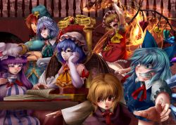 Rule 34 | 6+girls, :&lt;, arm up, ascot, bat wings, black skirt, blonde hair, blue dress, blue eyes, blue hair, blush, book, bow, braid, breast envy, breasts, capelet, chair, cirno, clenched teeth, closed eyes, crescent, crossed arms, cup, desk, dress, drooling, elbow gloves, embodiment of scarlet devil, fangs, fire, flandre scarlet, gem, gloves, glowing, glowing eye, green skirt, hair bow, hand on another&#039;s cheek, hand on another&#039;s face, hand on own cheek, hand on own face, hat, hat ribbon, hong meiling, izayoi sakuya, laevatein, large breasts, long hair, looking at breasts, maid, maid headdress, midriff, multicolored clothes, multicolored dress, multiple girls, nekoarashi, open book, open mouth, outstretched arms, outstretched hand, patchouli knowledge, pink dress, purple eyes, purple hair, reading, red eyes, red hair, red skirt, remilia scarlet, ribbon, rumia, shirt, short hair, skirt, skirt set, sleeping, sleeping upright, smile, star (symbol), striped clothes, striped dress, sweat, teacup, teeth, touhou, twin braids, white gloves, wings, yana (nekoarashi)