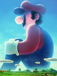 Rule 34 | 1boy, ? block, black hair, blue overalls, chimochimo, cloud, day, facial hair, giant, giant male, gloves, goomba, hat, hill, hugging own legs, knees up, male focus, mario, mario (series), mountain, mustache, nintendo, outdoors, overalls, red hat, red shirt, shirt, sitting, sky, solo, super mario bros. 1, warp pipe, white gloves