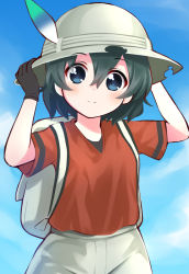 Rule 34 | 1girl, adjusting clothes, adjusting headwear, backpack, bag, black gloves, black hair, blue eyes, blue sky, blush, closed mouth, cloud, commentary request, day, gloves, hair between eyes, hand on headwear, hat, hat feather, helmet, highres, kaban (kemono friends), kemono friends, looking at viewer, pith helmet, red shirt, shirt, short hair, shorts, sky, smile, solo, split mouth, usagi koushaku, wavy hair