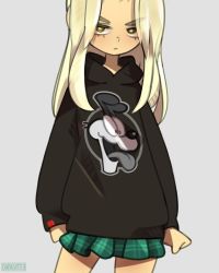 Rule 34 | 1girl, arms at sides, black hoodie, black sweater, blonde hair, clenched hand, closed mouth, cowboy shot, garfield, green skirt, grey background, highres, hood, hooded sweater, hoodie, long hair, long sleeves, looking at viewer, making-of available, miniskirt, odie (garfield), onionsketch, original, plaid, plaid skirt, print hoodie, simple background, skirt, solo, sweater, v-shaped eyebrows