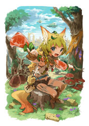 Rule 34 | 1girl, animal ears, armpits, axe, bad id, bad pixiv id, blonde hair, blue eyes, blurry, boned meat, boots, braid, canteen, city, cloud, commentary, day, depth of field, fantasy, fingerless gloves, flower, food, fox ears, fox tail, gloves, grass, happy, knee boots, knife, kyuusugi toku, leaf, leaf on head, leaning forward, looking at viewer, meat, midriff, mushroom, navel, original, outstretched arm, pouch, reaching, reaching towards viewer, scarf, short hair, short shorts, shorts, side braids, sitting, sky, smile, solo, tail, thigh strap, tree, unbuttoned, weapon