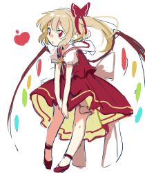 Rule 34 | 1girl, apple, back bow, blonde hair, bow, collared shirt, crystal, flandre scarlet, food, frilled skirt, frilled sleeves, frills, fruit, full body, hair between eyes, hair ribbon, leaning forward, mary janes, neck ribbon, no headwear, one side up, open mouth, paragasu (parags112), puffy short sleeves, puffy sleeves, red eyes, red footwear, red ribbon, red skirt, red vest, ribbon, shirt, shoes, short hair, short sleeves, simple background, skirt, skirt set, solo, standing, touhou, v arms, vest, white background, white bow, white shirt, wings, yellow ribbon