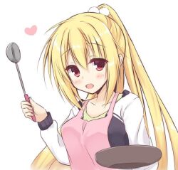 Rule 34 | 1girl, apron, arihara nanami, blonde hair, blush, breasts, cardigan, casual, collarbone, commentary, eyelashes, eyes visible through hair, frying pan, hair between eyes, heart, holding, holding frying pan, holding ladle, igarashi kenji, ladle, large breasts, long hair, looking at viewer, open mouth, pink apron, pom pom (clothes), ponytail, red eyes, riddle joker, simple background, smile, solo, straight hair, upper body, very long hair, white background, white cardigan