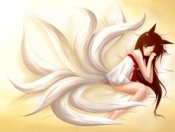 Rule 34 | 1girl, ahri (league of legends), animal ears, bad deviantart id, bad id, bare legs, bare shoulders, barefoot, bell, black hair, dakaringer, dress, flat chest, fox ears, fox tail, hair ornament, highres, league of legends, long hair, looking at viewer, lying, multiple tails, on bed, on side, one eye closed, ribbon, smile, solo, sundress, tail, wink, yellow eyes, aged down