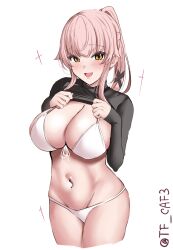 Rule 34 | 1girl, alternate costume, bikini, black ribbon, blush, breasts, clothes lift, cowboy shot, green eyes, hair between eyes, hair ornament, hair ribbon, highres, kantai collection, large breasts, lifting own clothes, long hair, long sleeves, looking at viewer, navel, one-hour drawing challenge, open mouth, pink hair, ponytail, ribbon, shirt lift, simple background, smile, solo, swimsuit, tf cafe, twitter username, very long hair, white background, white bikini, yura (kancolle)