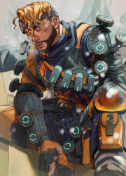 Rule 34 | 1boy, absurdres, apex legends, black bodysuit, black gloves, blonde hair, bodysuit, box, breath, brown eyes, death box (apex legends), facial hair, fingerless gloves, flame print, gloves, goatee, goggles, goggles on head, highres, himawari kappa, knee pads, male focus, mirage (apex legends), orange gloves, orange scarf, parted lips, scarf, sitting, solo, two-tone gloves, undercut