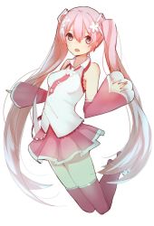 Rule 34 | 1girl, boots, detached sleeves, full body, gin00, hatsune miku, long hair, looking at viewer, necktie, open mouth, pink eyes, pink footwear, pink hair, pink thighhighs, sakura miku, simple background, skirt, solo, thigh boots, thighhighs, twintails, very long hair, vocaloid, white background, zettai ryouiki
