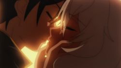 Rule 34 | 1boy, 1girl, animated, artoria gremm, black hair, blush, closed eyes, couple, hair between eyes, hand on another&#039;s cheek, hands on another&#039;s face, highres, hiiragi seiichi, kiss, open mouth, shinka no mi, short hair, smile, video, white hair, yellow eyes