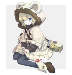 Rule 34 | 10s, 1girl, animal hood, bag, bear hood, black pantyhose, black sweater, blonde hair, blue eyes, boko (girls und panzer), boots, brown footwear, casual, closed mouth, coat, commentary request, frown, full body, girls und panzer, grey background, handbag, hood, hooded coat, katyusha (girls und panzer), long sleeves, looking at viewer, moro (like the gale!), outside border, pantyhose, short hair, sitting, solo, sweatdrop, sweater, wariza, white coat, wide sleeves