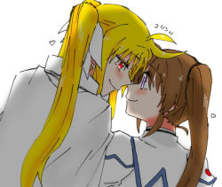 Rule 34 | 2girls, blonde hair, brown hair, cape, couple, eye contact, fate testarossa, fate testarossa (impulse form), happy, imminent kiss, jacket, long hair, looking at another, lyrical nanoha, mahou shoujo lyrical nanoha, mii-kun (mi kun1116), multiple girls, purple eyes, red eyes, side ponytail, simple background, smile, takamachi nanoha, takamachi nanoha (aggressor mode), very long hair, white background, yuri
