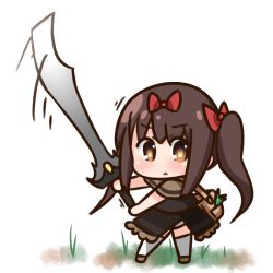Rule 34 | 1girl, bag, blush, bow, brown dress, brown eyes, brown footwear, brown hair, chibi, closed mouth, commentary request, dress, hair between eyes, hair bow, hana kazari, holding, holding sword, holding weapon, huge weapon, long hair, looking at viewer, original, red bow, shoulder bag, solo, standing, sword, thighhighs, twintails, very long hair, weapon, white background, white thighhighs
