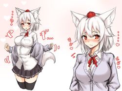 Rule 34 | 1girl, alternate costume, amagi (amagi626), animal ear fluff, animal ears, arms behind back, black skirt, black thighhighs, blush, breast pocket, breasts, commentary request, contemporary, cropped legs, empty eyes, gradient background, grey jacket, hair between eyes, hat, heart, highres, inubashiri momiji, jacket, large breasts, long sleeves, looking at viewer, mind control, miniskirt, multiple views, neck ribbon, off shoulder, one-hour drawing challenge, parted lips, pink background, pleated skirt, pocket, red eyes, red ribbon, ribbon, school uniform, shirt, short hair, silver hair, skirt, standing, sweater jacket, tail, thighhighs, thighs, tokin hat, touhou, translation request, upper body, white background, white shirt, wing collar, wolf ears, wolf tail, zettai ryouiki