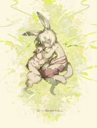 Rule 34 | 1other, androgynous, animal ears, antenna hair, arm hug, baggy pants, blonde hair, body fur, brown fur, claws, closed eyes, creature, english text, from above, full body, furry other, grass, highres, lying, made in abyss, mitty (made in abyss), nanachi (made in abyss), on grass, on side, other focus, outdoors, pants, pouch, rabbit ears, short hair, tail, xinjinjumin4780310