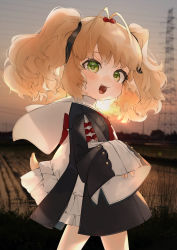 Rule 34 | 1girl, :3, antenna hair, blonde hair, blush, dog tail, dress, fang, gotou (nekocat), green eyes, hair ribbon, highres, long sleeves, open mouth, original, outdoors, red neckwear, ribbon, rice paddy, sailor collar, sailor dress, sidelocks, signature, sleeves past wrists, solo, tail, transmission tower, twintails, white sailor collar
