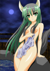 Rule 34 | 1girl, asu, breasts, completely nude, derivative work, ex-keine, female focus, green eyes, green hair, horns, kamishirasawa keine, long hair, matching hair/eyes, md5 mismatch, nude, outdoors, resolution mismatch, ribbon, sky, solo, source smaller, tail, third-party edit, touhou