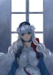 Rule 34 | 1girl, absurdres, animal ears, arknights, bear ears, blue eyes, blue hair, blue hat, blue nails, buttons, coat, hat, heterochromia, highres, long hair, long sleeves, looking at viewer, multicolored hair, nail polish, nnicoinu, parted lips, pink hair, red eyes, revision, rosa (arknights), solo, streaked hair, upper body, ursus empire logo, very long hair, wavy hair, white coat, white hair, window