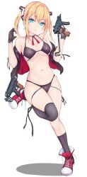 Rule 34 | 1girl, absurdres, asymmetrical legwear, bad id, bad pixiv id, bare shoulders, bikini, black bikini, black gloves, black jacket, black thighhighs, blonde hair, blue eyes, blush, breasts, choker, collarbone, franz (217franz), full body, girls&#039; frontline, gloves, gun, hair between eyes, hand up, highres, holding, holding gun, holding weapon, huge filesize, jacket, leg up, long hair, looking at viewer, medium breasts, navel, off shoulder, open clothes, open jacket, parted lips, partially fingerless gloves, red footwear, shoes, sidelocks, simple background, single thighhigh, skindentation, skorpion (girls&#039; frontline), sneakers, solo, stomach, submachine gun, swimsuit, thighhighs, thighs, twintails, uneven legwear, weapon, white background