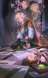 Rule 34 | 3boys, blonde hair, blue feathers, cape, earrings, feathers, flower, gem, genshin impact, gold earrings, gold necklace, gold trim, green gemstone, highres, jewelry, kaveh (genshin impact), long hair, long sleeves, looking at viewer, male focus, multiple boys, necklace, paper, pink flower, red cape, red eyes, shirt, sitting, thijikoy, vision (genshin impact), white shirt