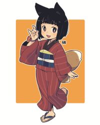 Rule 34 | 1girl, :d, animal ears, black hair, brown eyes, brown footwear, brown kimono, commentary request, eyebrows hidden by hair, fang, fox ears, fox girl, fox shadow puppet, fox tail, full body, hand up, japanese clothes, kimono, kitsune, kukuri (mawaru), long sleeves, looking at viewer, mawaru (mawaru), obi, open mouth, orange background, original, outline, sandals, sash, short hair, smile, solo, standing, standing on one leg, striped clothes, striped kimono, tail, thick eyebrows, two-tone background, white background, white outline, wide sleeves, zouri