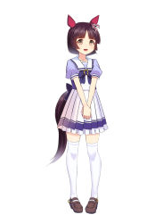 Rule 34 | 1girl, :d, animal ears, blouse, blue bow, blue shirt, bow, brown eyes, brown footwear, brown hair, commentary request, frilled skirt, frills, full body, highres, horse ears, horse girl, horse tail, loafers, looking at viewer, nishino flower (umamusume), open mouth, pleated skirt, puffy short sleeves, puffy sleeves, purple shirt, shirt, shoes, short hair, short sleeves, simple background, skirt, smile, solo, standing, tail, taka (takahirokun), thighhighs, umamusume, white background, white skirt, white thighhighs